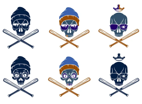 Emblema Gangster logo o tatuaggio con cranio aggressivo e basebal — Vettoriale Stock