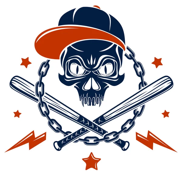 Gangster logo emblema o tatuaggio con aggressivo cranio baseball ba — Vettoriale Stock