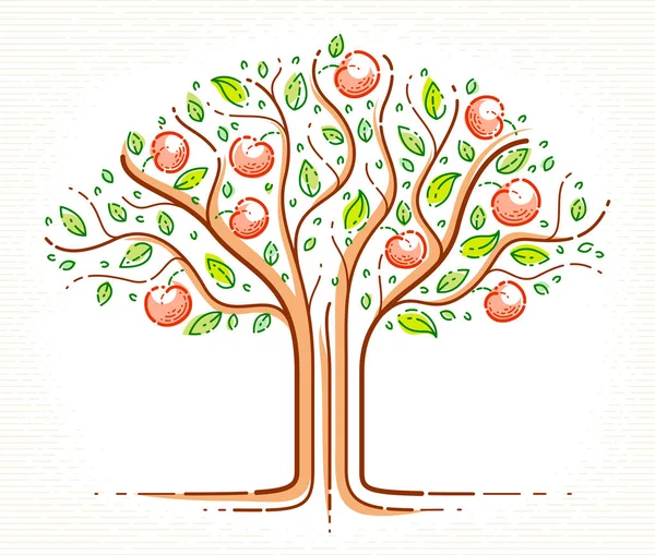 Hermoso árbol frutal vector lineal estilo dibujo logo o i — Archivo Imágenes Vectoriales