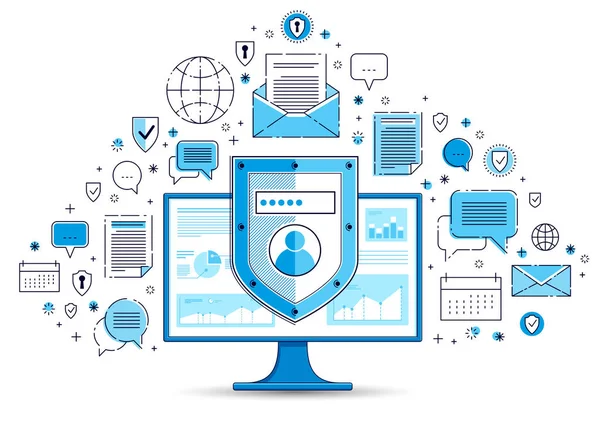 Schild über Computermonitor und Icons, private Daten secu — Stockvektor