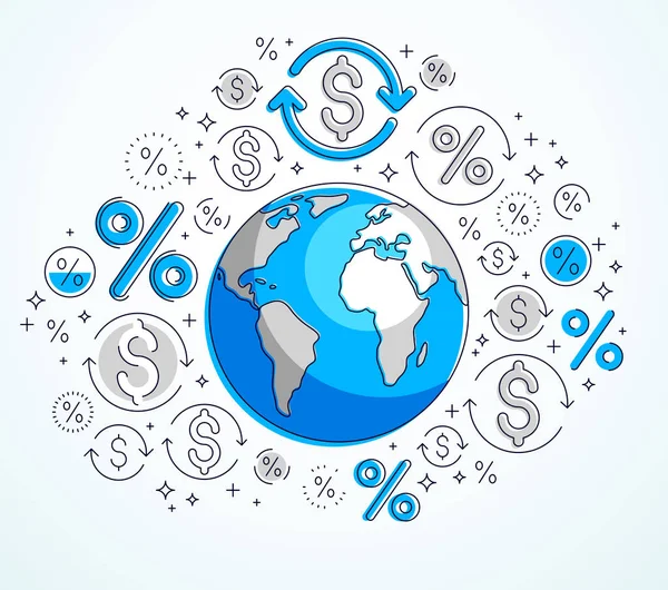 Globala ekonomin koncept, planetjorden med dollar ikoner set, integre — Stock vektor