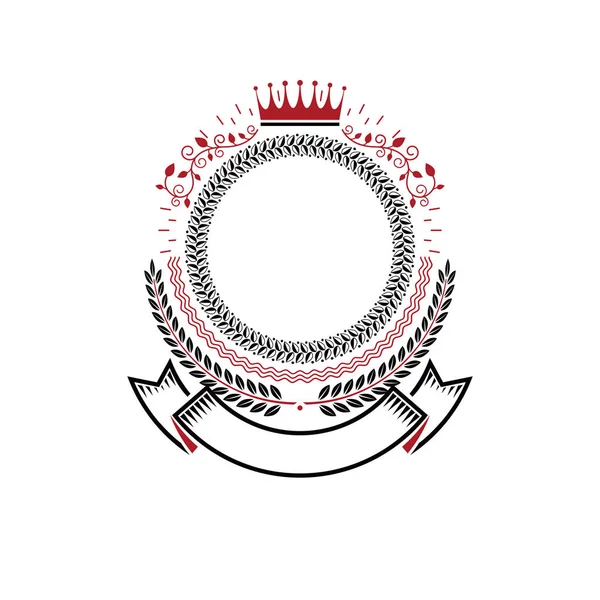 Emblema grafico realizzato con corona imperiale, elegante nastro e lauro — Vettoriale Stock