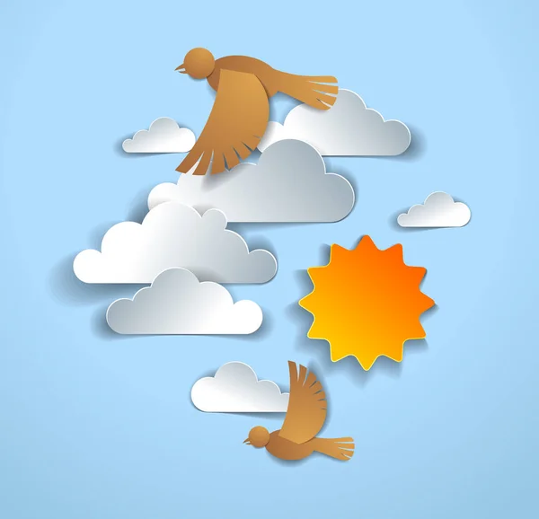 Vogels vliegen in de lucht onder prachtige wolken en zon, zomer c — Stockvector