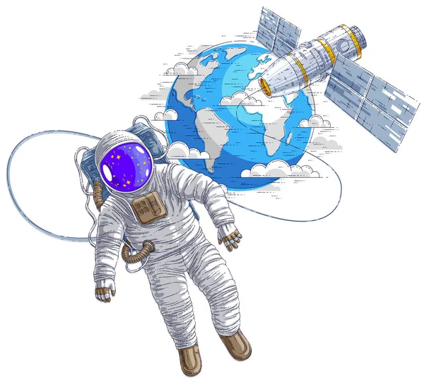 Spaceman flyger i öppen plats ansluten till rymdstationen och örat — Stock vektor