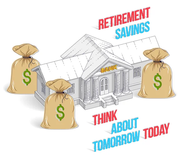 Концепція пенсійних заощаджень, банківське будівництво з грошовими сумками — стоковий вектор