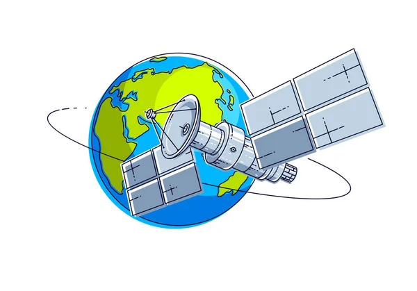 绕地球卫星飞行轨道飞行，通信技术 — 图库矢量图片