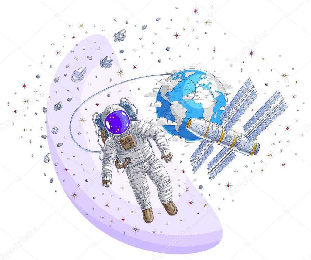 Astronaut flying in open space connected to space station, space