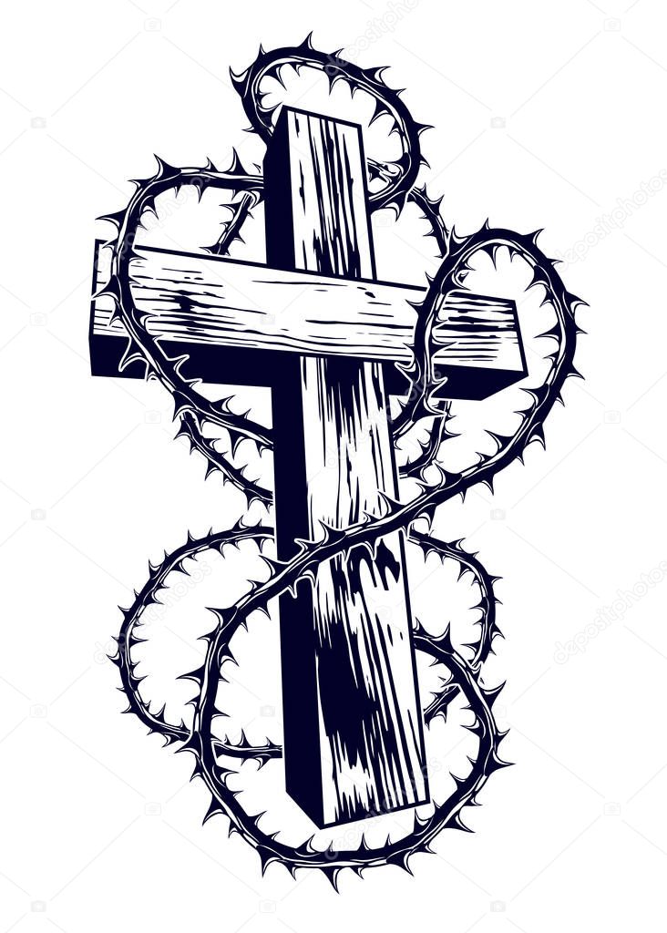 Christian cross with blackthorn thorn vector religion logo or ta