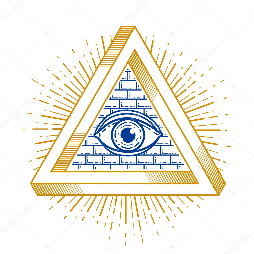 All seeing eye of god in sacred geometry triangle, masonry and illuminati symbol, vector logo or emblem design element.