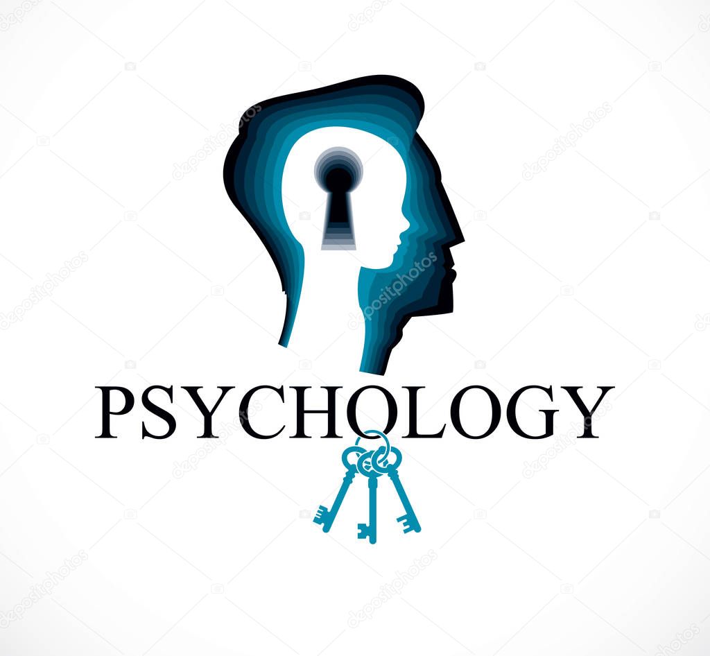 Psychology vector logo created with man head profile and little child boy inside with keyhole, inner child as a key to human individuality and psychic problems concept. Therapy and analysis concept.