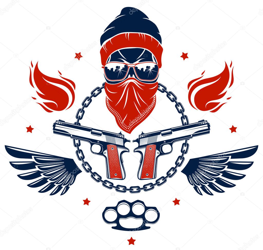Anarchy and Chaos aggressive emblem or logo with wicked skull, weapons and different design elements , vector vintage scull tattoo, rebel gangster criminal and revolutionary.