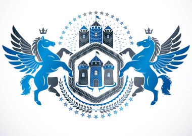 Heraldik tasarım, efsanevi Pega kullanılarak oluşturulan vektör vintage amblemi