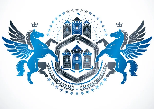 Heraldik tasarım, efsanevi Pega kullanılarak oluşturulan vektör vintage amblemi