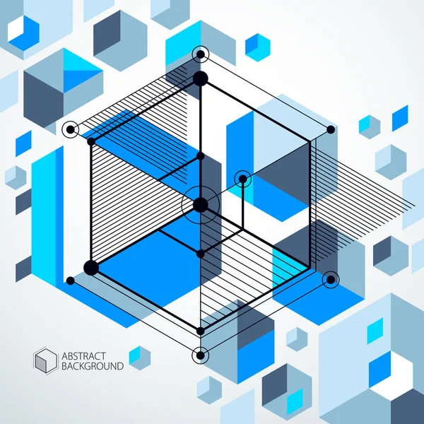 Esquema mecánico, dibujo de ingeniería vectorial azul con cubos 3D — Archivo Imágenes Vectoriales