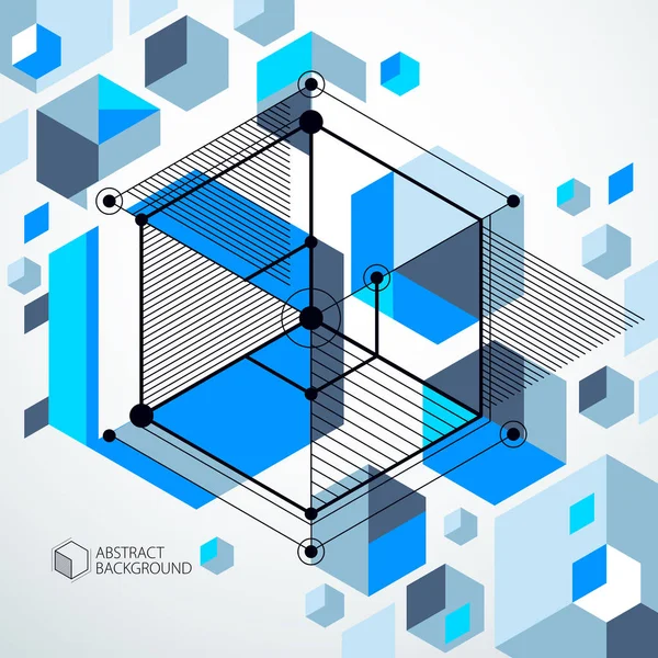 Mekaniska system, blue vector teknisk ritning med 3d-kuber — Stock vektor