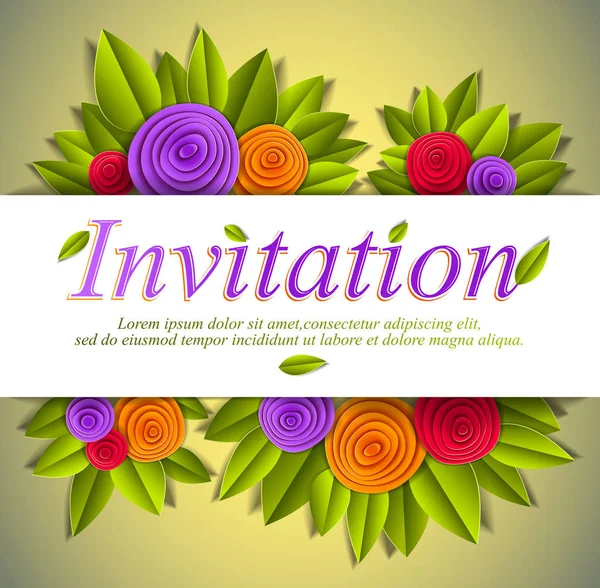 Invitation event card with fresh green leaves and colorful flowe — Stock Vector
