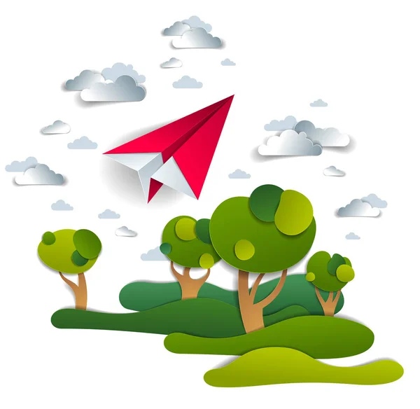 Origami papel avión juguete volando en el cielo sobre prados y árboles — Archivo Imágenes Vectoriales