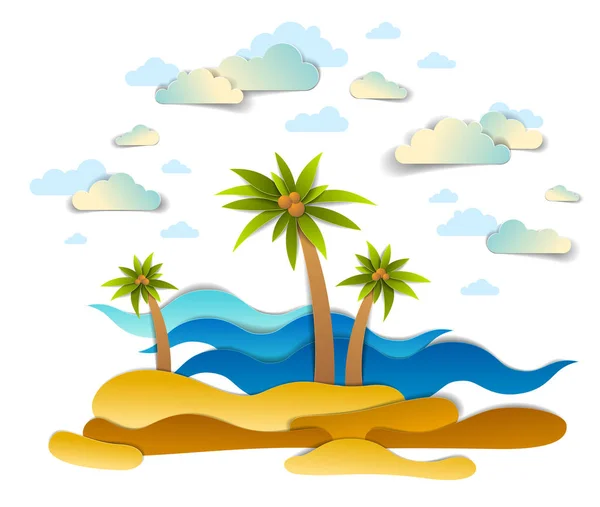 美丽的海景与海浪，海滩和棕榈树，云在th — 图库矢量图片