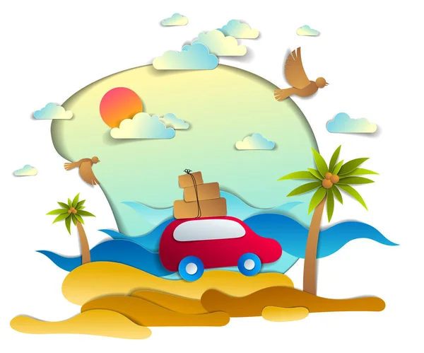 Červené auto se zavazadly na malebných kořeni s pláží a palmami, WA — Stockový vektor