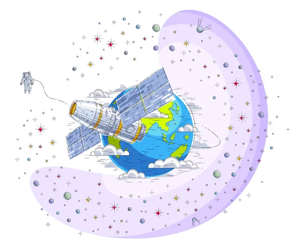 地球、宇宙飛行、宇宙船スパの周りを周回する宇宙ステーション — ストックベクタ