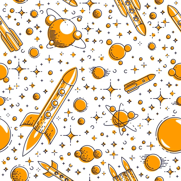 Fond sans couture de l'espace avec des fusées, des planètes et des étoiles, undis — Image vectorielle