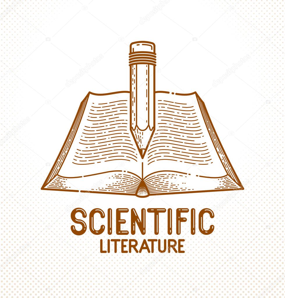 Vintage book and pencil education or science knowledge concept, educational or scientific literature library vector logo or emblem.
