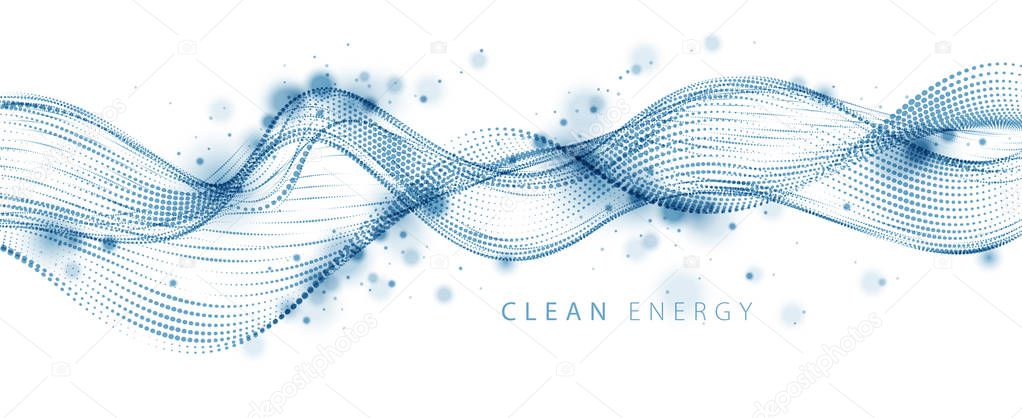 Array of particles flowing, dynamic sound wave. 3d vector illust