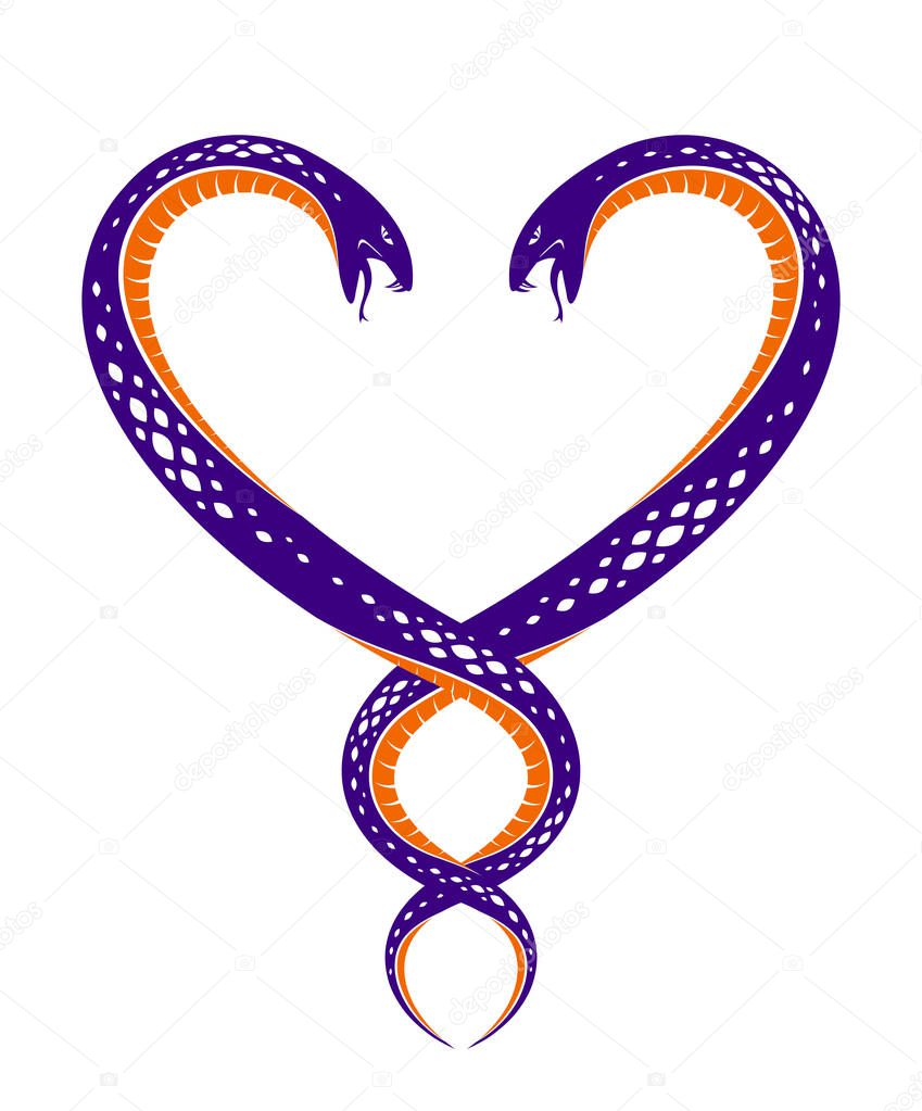 Two Snakes in a shape of heart, love is cruel concept, lovers couple arguing, quarrels in relations, vector logo emblem or tattoo in vintage classic style.