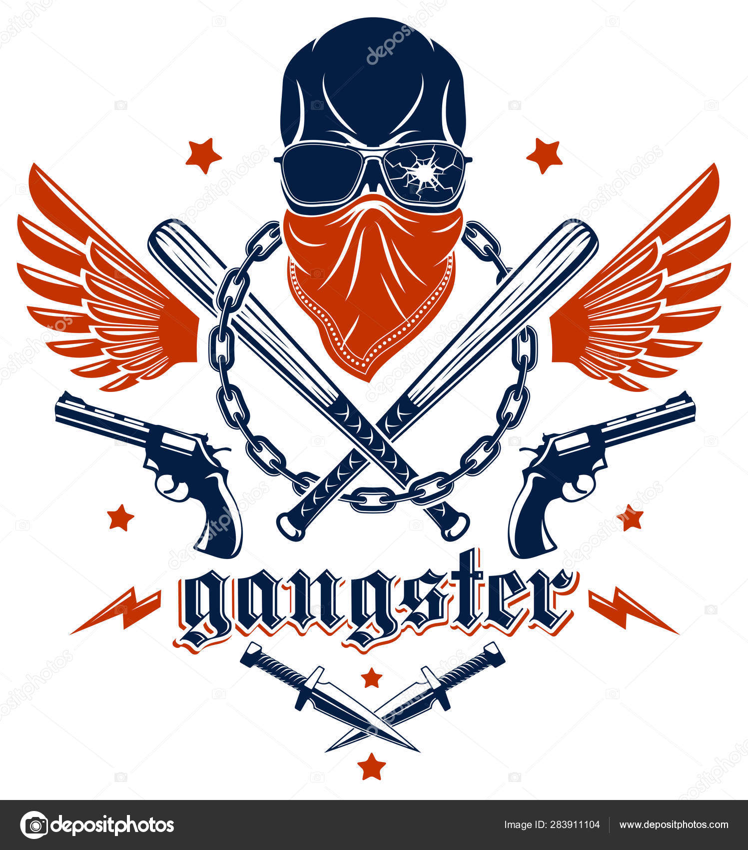 Logo de emblema de gángster o tatuaje con ba de béisbol de cráneo