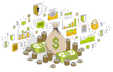 Nakit para dolar yığınları ve sikke yığınları izole ile para çantası