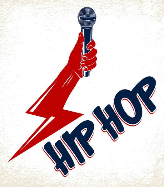 Rap logo vector de música o emblema con micrófono en la mano en un sha — Archivo Imágenes Vectoriales