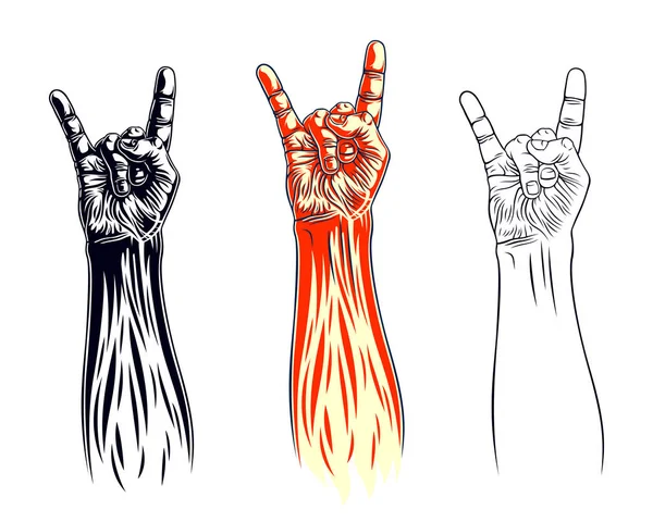 Rock hand sign set, music Rock and Roll gesture in flames, Hard — Stock Vector
