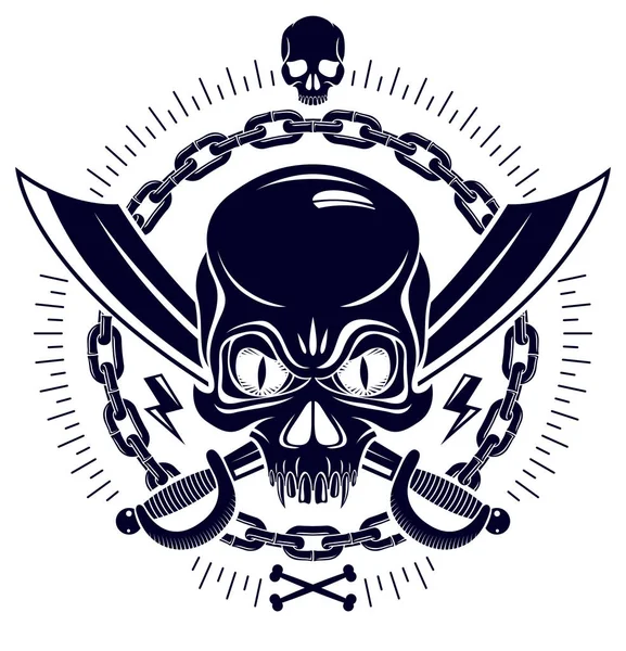 Crâne agressif emblème pirate Jolly Roger avec des armes et othe — Image vectorielle