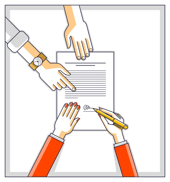 Mujer de negocios firma contrato documento en papel o cliente del banco wr — Archivo Imágenes Vectoriales