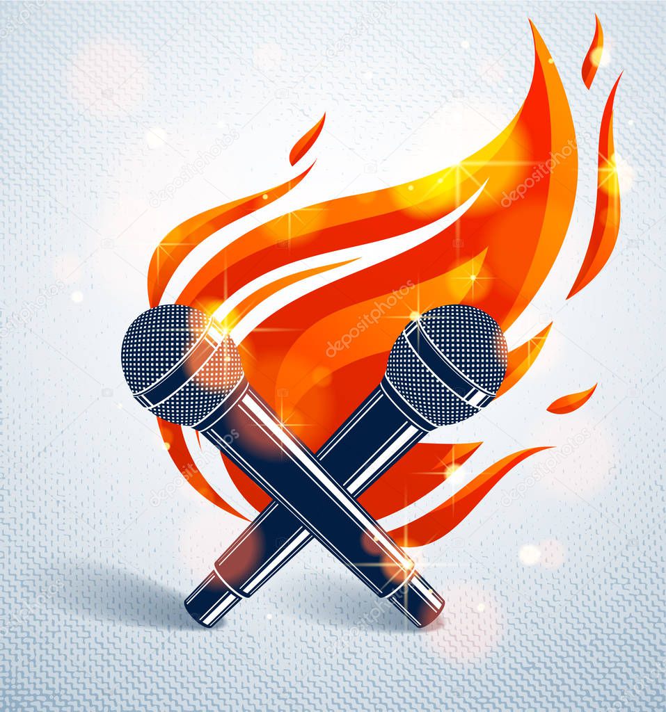 Two microphones crossed on fire, hot mic in flames, rap battle rhymes music, karaoke singing, vector logo or illustration, concert festival or night club label, t-shirt print.