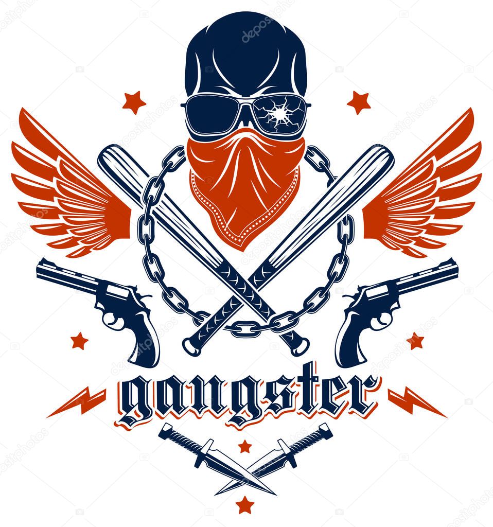 Gangster emblem logo or tattoo with aggressive skull baseball ba