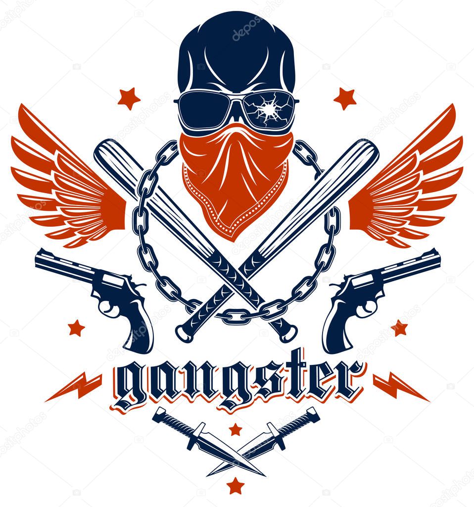 Gangster emblem logo or tattoo with aggressive skull baseball bats and other weapons and design elements, vector, criminal ghetto vintage style, gangster anarchy or mafia theme.