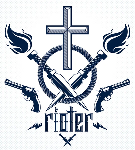 Gangster thug emblema o logotipo con Cruz Cristiana, armas y d — Vector de stock