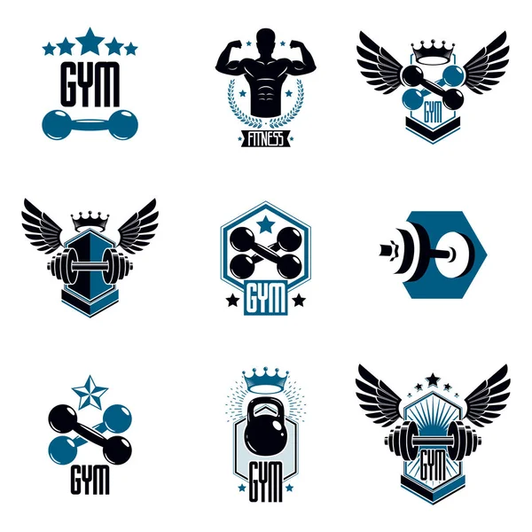 Logos für Schwergewichtsgymnastik oder Fitnessgymnastik, Vintag — Stockvektor