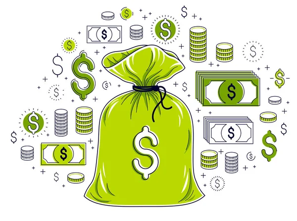 Dinheiro saco e dólar ícone conjunto vetor design, poupança ou investir — Vetor de Stock