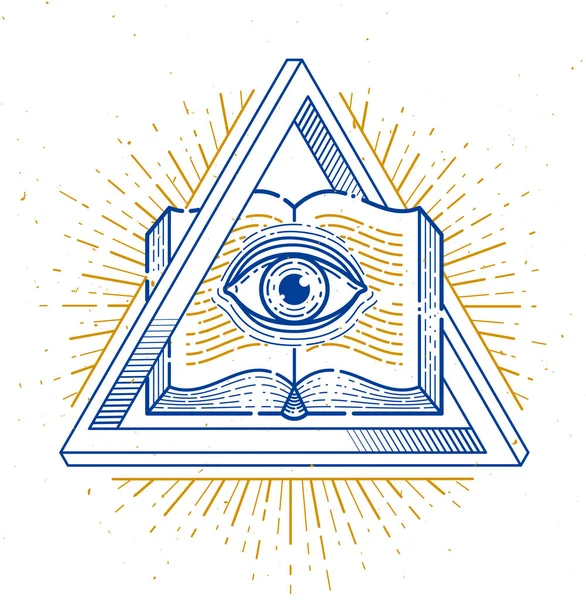 Secret knowledge vintage open book with all seeing eye of god in — Stock Vector