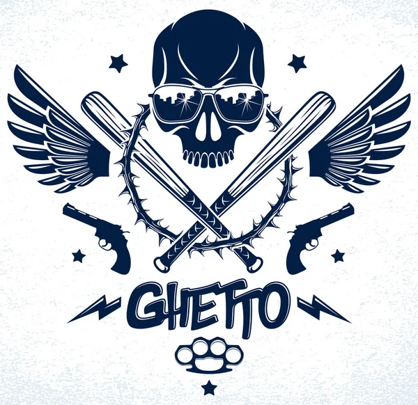 Logo de emblema de gángster o tatuaje con ba de béisbol de cráneo agresivo — Vector de stock