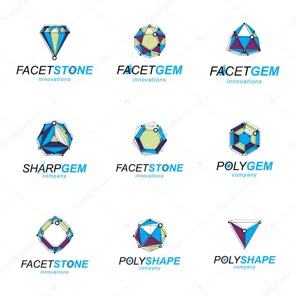 3d vector digital wireframe objects created with lines mesh. Low poly shapes collection, lattice forms. Set of gemstone icons. Graphic design.