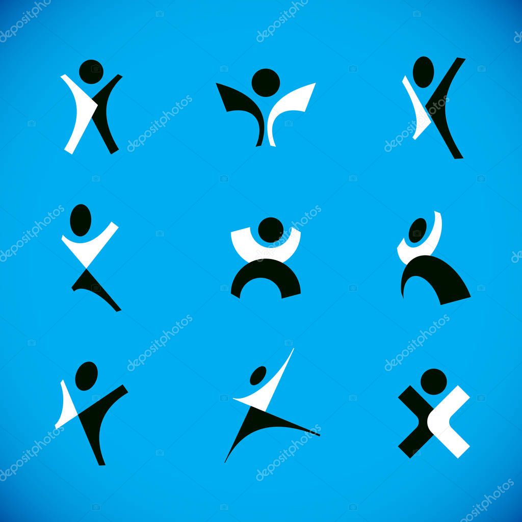 Vector illustration of happy abstract human with raised hands up. Business leader metaphor