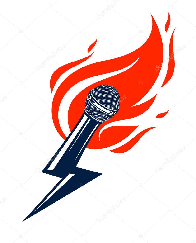 Microphone on fire and shape of lightning, hot mic in flames and