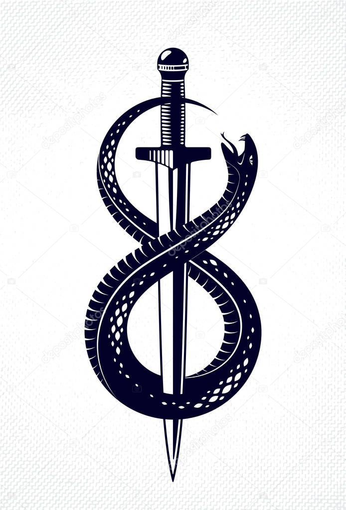 Dagger kills a Snake, defeated Serpent wraps around a sword vector vintage tattoo, Life is a Fight concept, allegorical logo or emblem of ancient symbol.