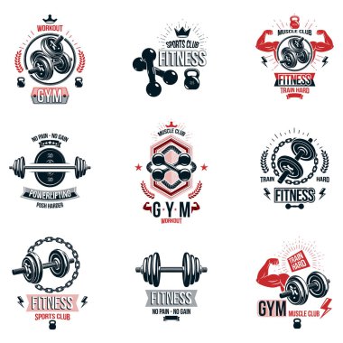 Set of vector bodybuilding theme emblems and advertising posters clipart