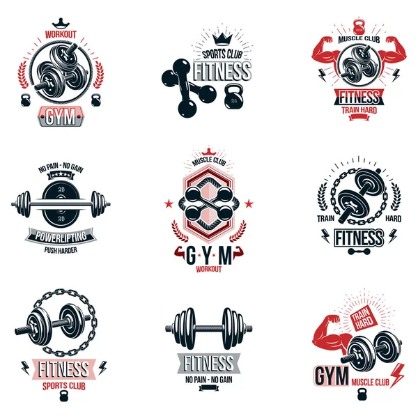 Set di emblemi tema bodybuilding vettoriale e manifesti pubblicitari — Vettoriale Stock