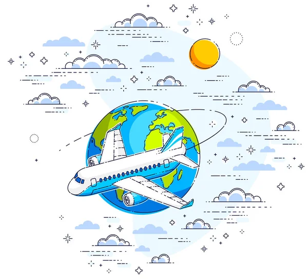 航空会社空気飛行機旅客機と惑星旅行イラスト — ストックベクタ