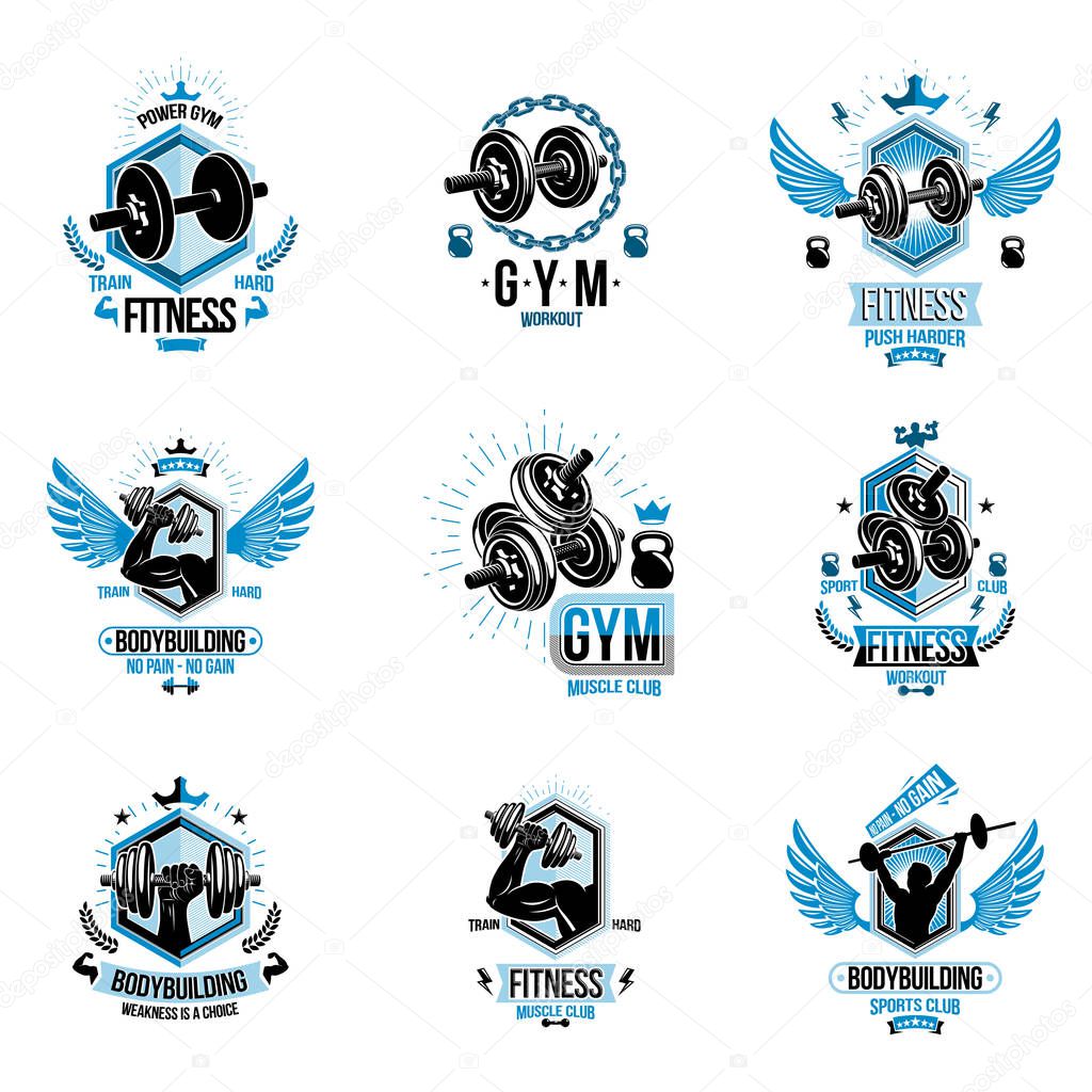 Set of vector bodybuilding theme emblems and advertising posters composed using dumbbells, barbells, kettle bells sport equipment and athlete perfect shapes.